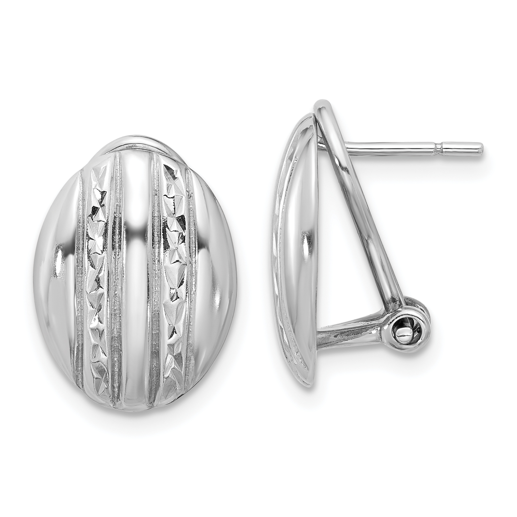 Sterling Silver RH-plated Polished Textured Oval Omega Back Earrings (QE16939)