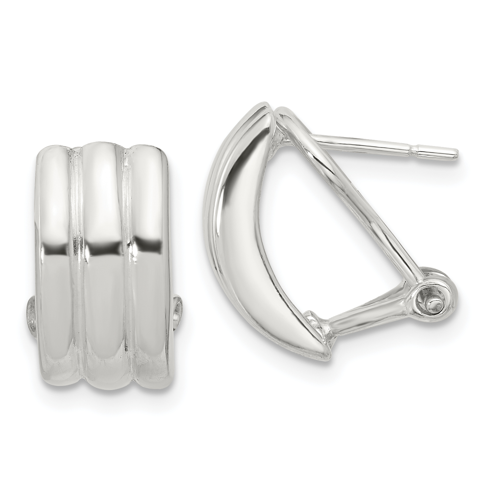 Sterling Silver Polished Striped Texture Omega Back Earrings (QE16940)