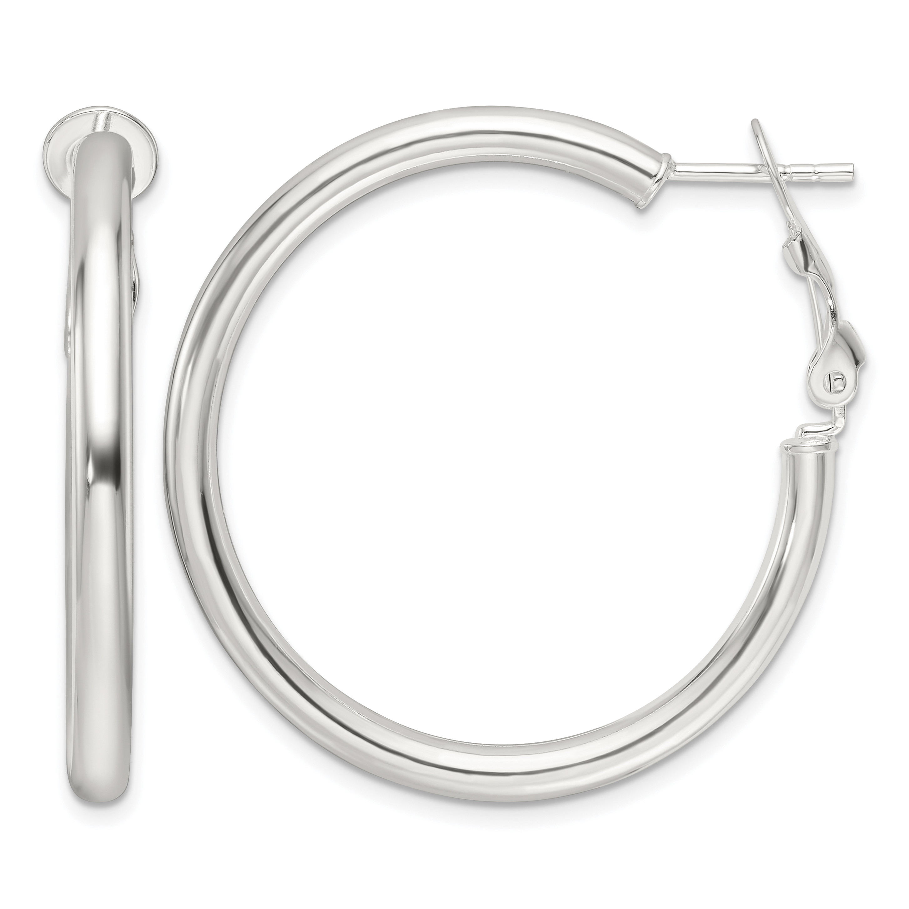 Sterling Silver Polished 3.25mm Omega Back Round Hoop Earrings (QE16949)