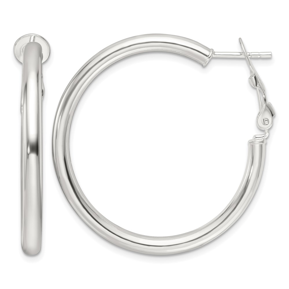 Sterling Silver Polished 3.25mm Omega Back Round Hoop Earrings (QE16949)