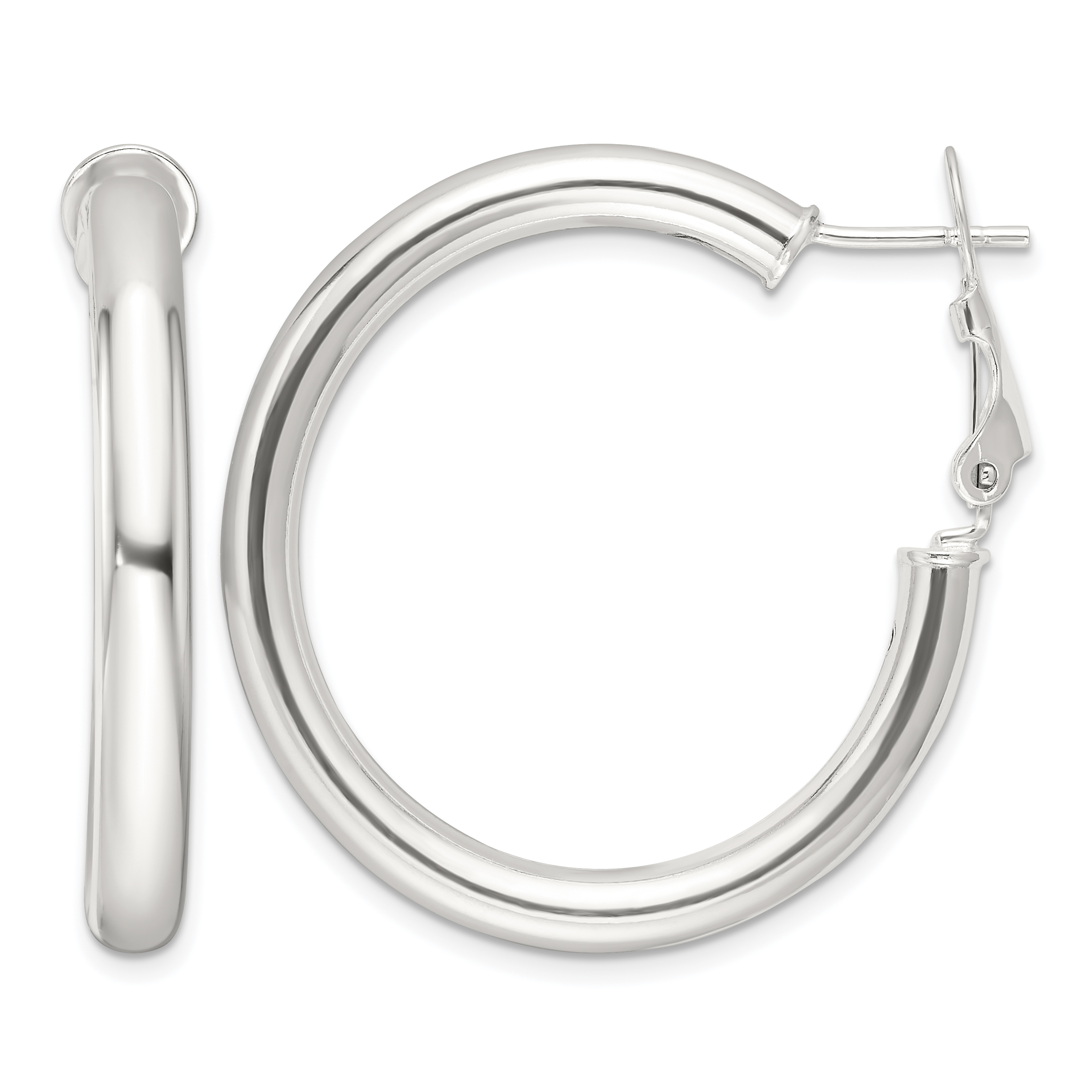Sterling Silver Polished 4mm Omega Back Round Hoop Earrings (QE16954)