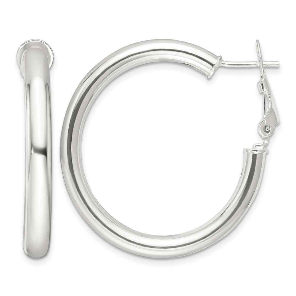 Sterling Silver Polished 4mm Omega Back Round Hoop Earrings (QE16954)