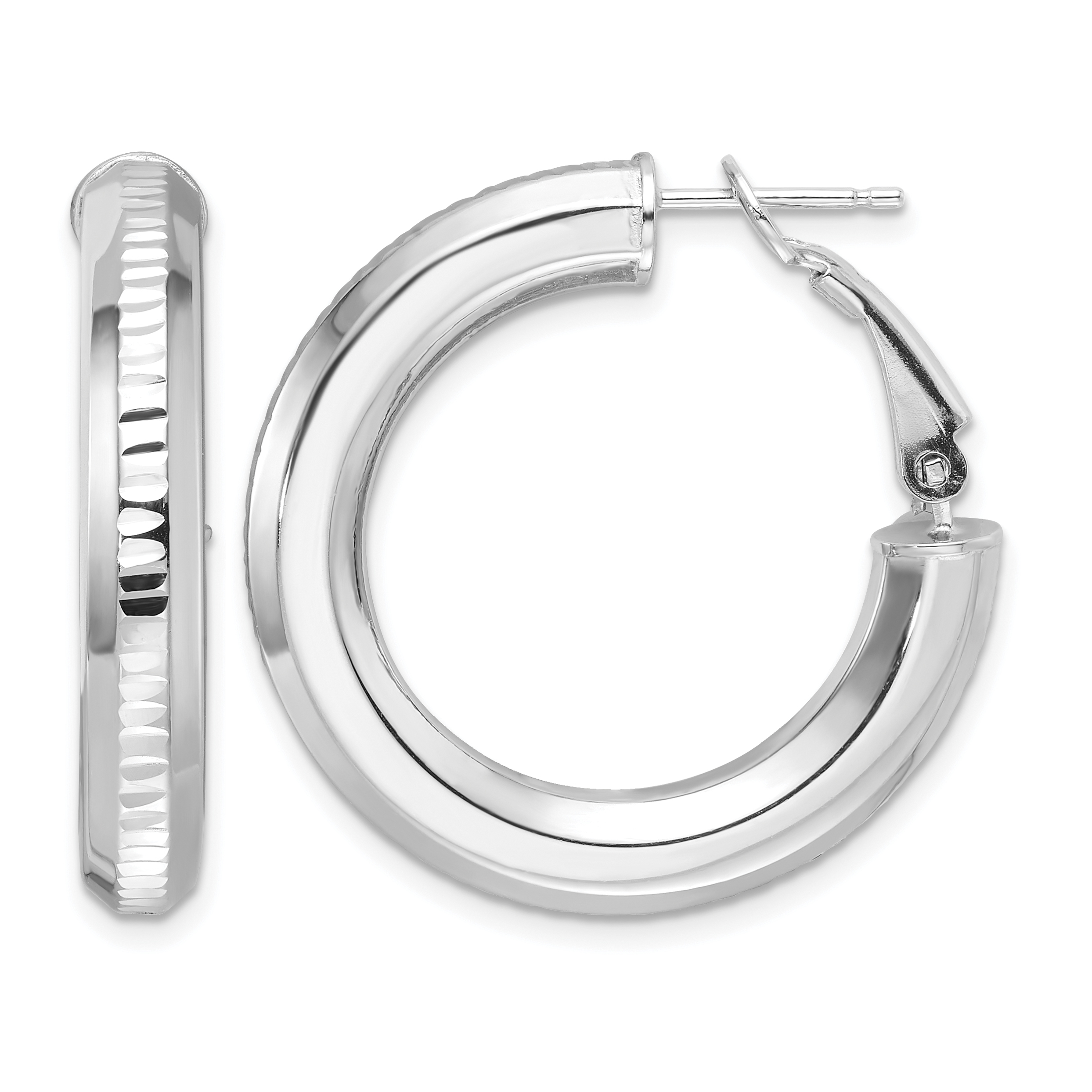 Sterling Silver RH-pltd D/C 4.75mm Omega Back Round Hoop Earrings (QE16957)