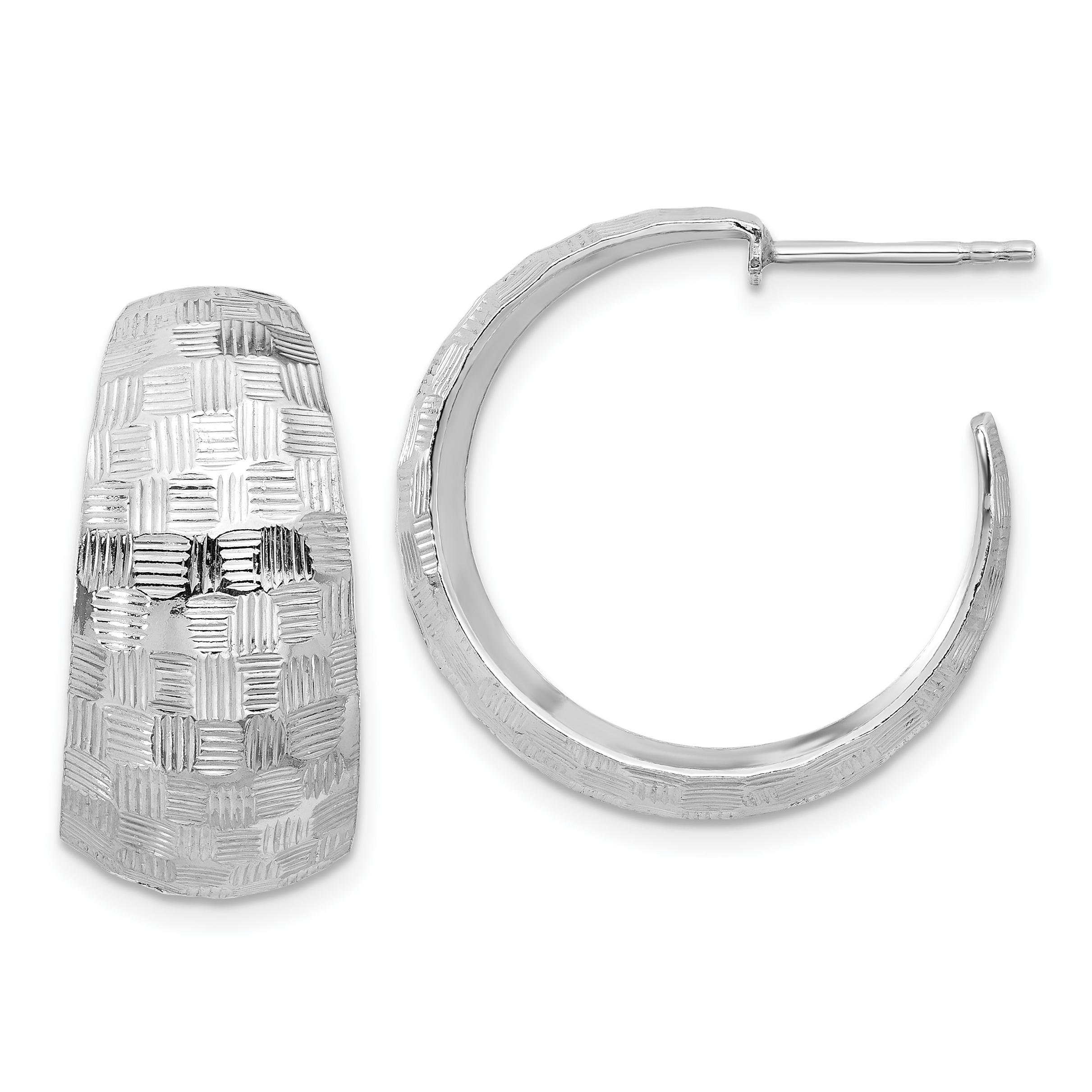 Sterling Silver Rhodium-plated Polish Textured C-Hoop Post Earrings (QE16998)
