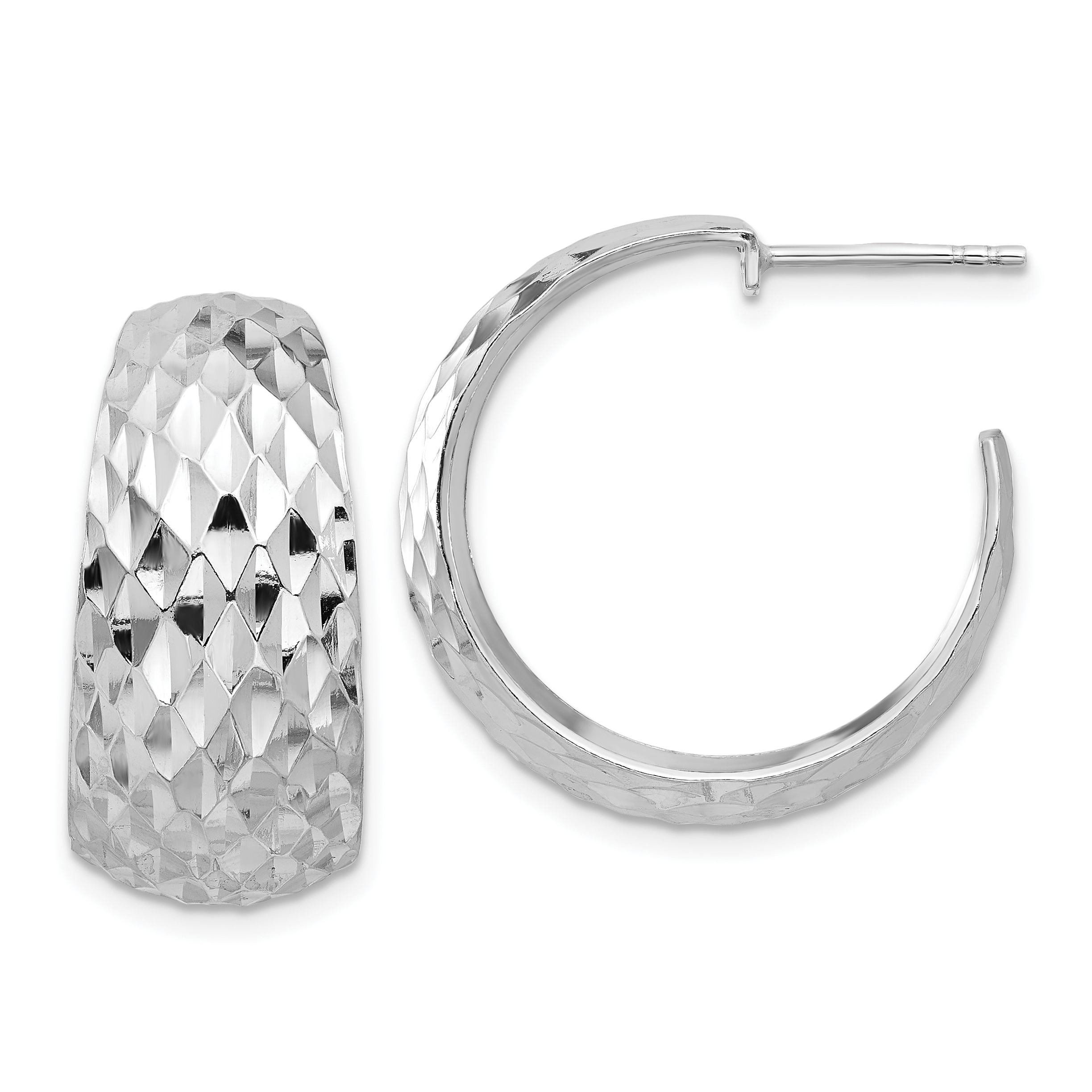 Sterling Silver Rhodium-plated Polish Textured C-Hoop Post Earrings (QE16999)