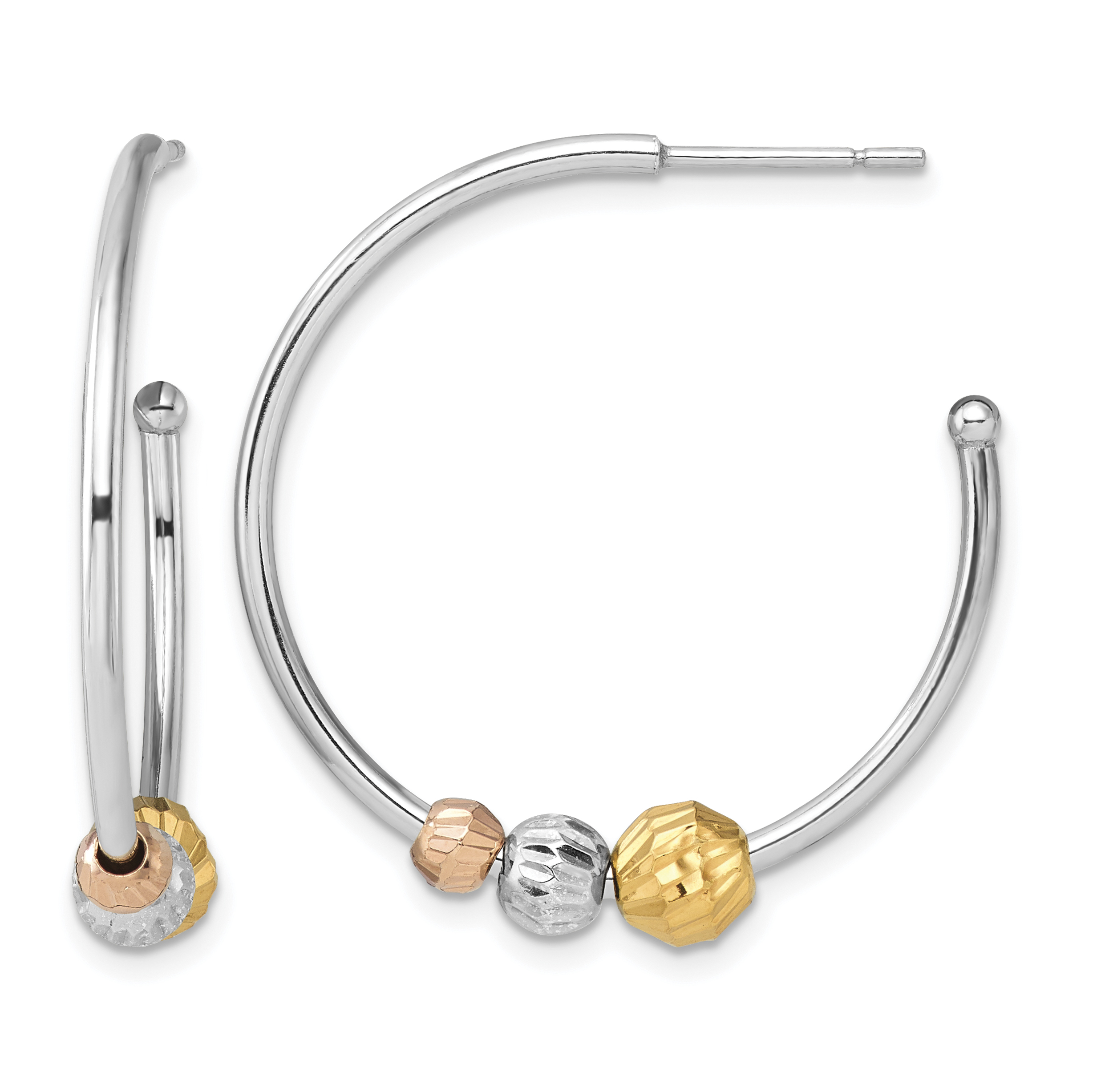Sterling Silver RH-plated Rose/Gold-tone D/C Beaded C-Hoop Earrings (QE17015)