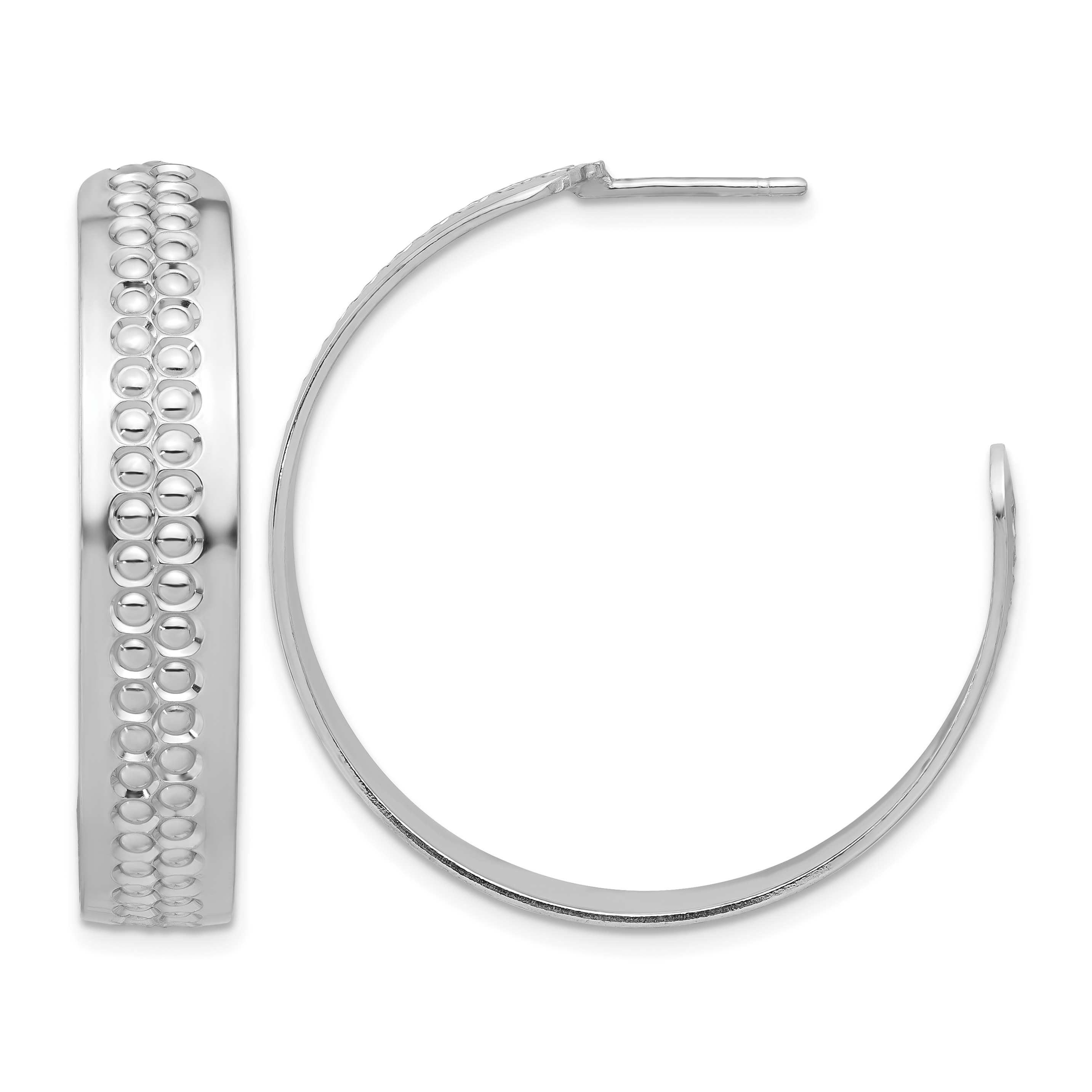 Sterling Silver Rhodium Plated Polished and Textured C-Hoop Earrings (QE17016)