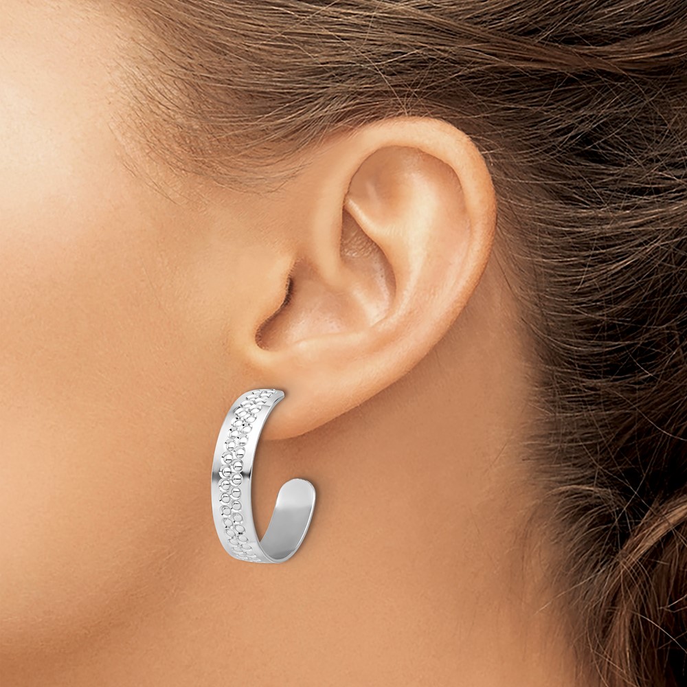 Sterling Silver Rhodium Plated Polished and Textured C-Hoop Earrings (QE17017)