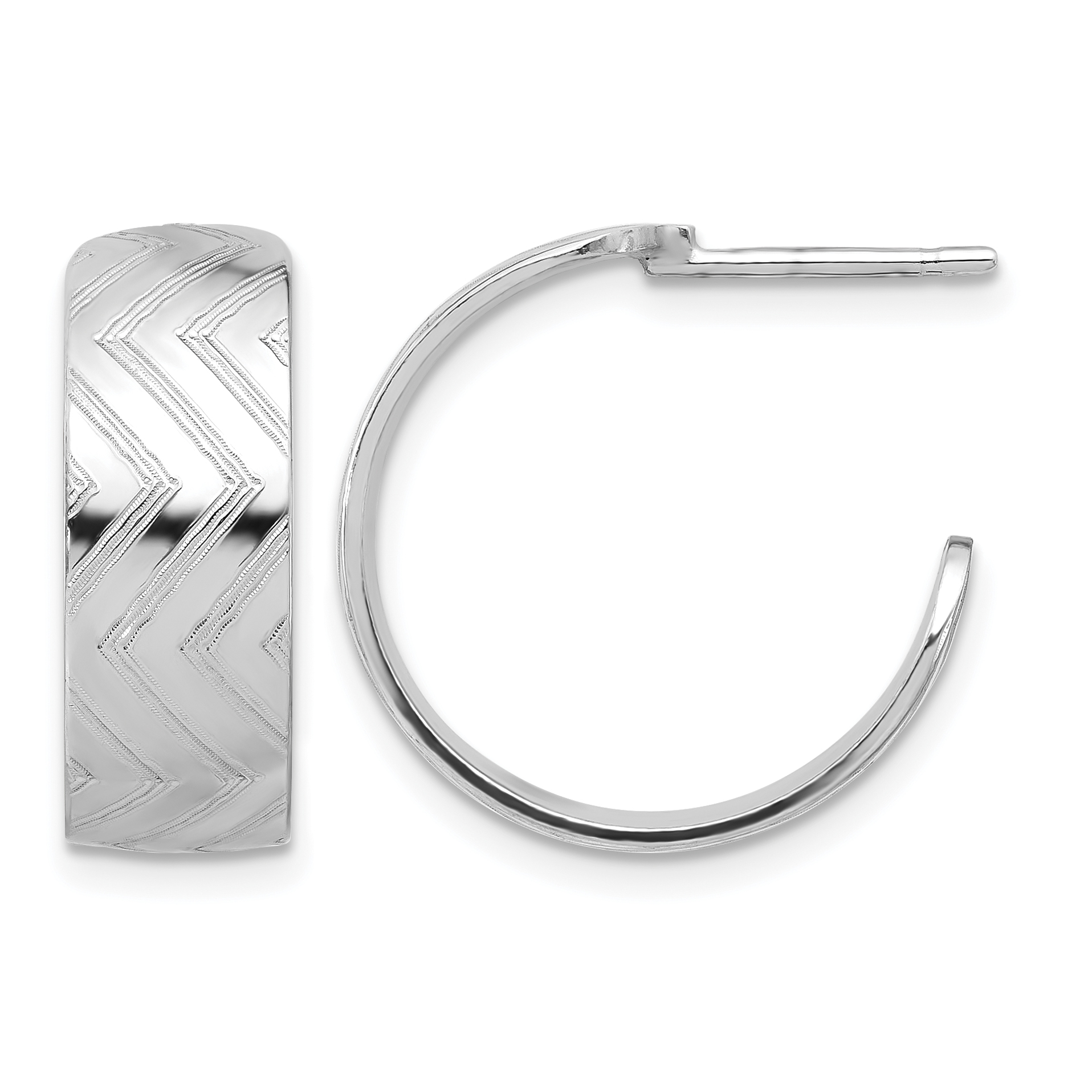 Sterling Silver Rhodium Plated Polished and Etched C-Hoop Earrings (QE17021)
