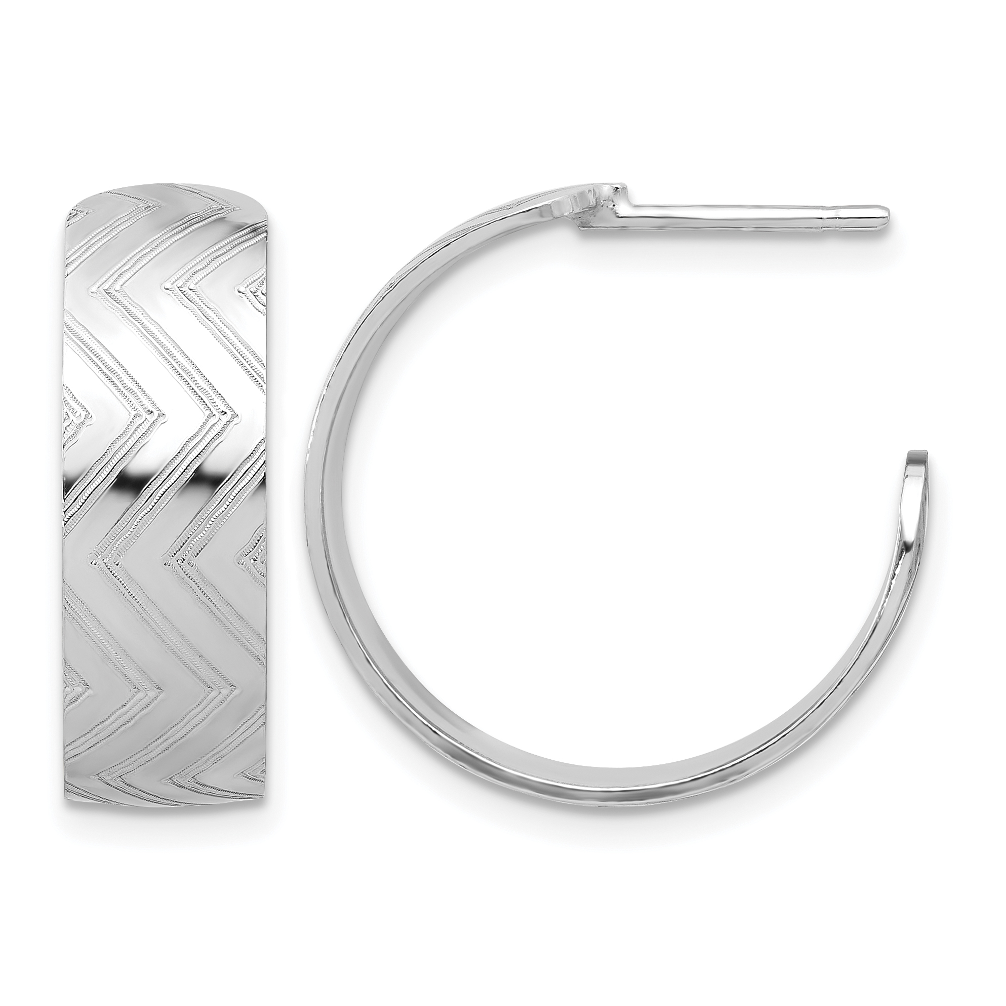 Sterling Silver Rhodium Plated Polished and Etched C-Hoop Earrings (QE17022)