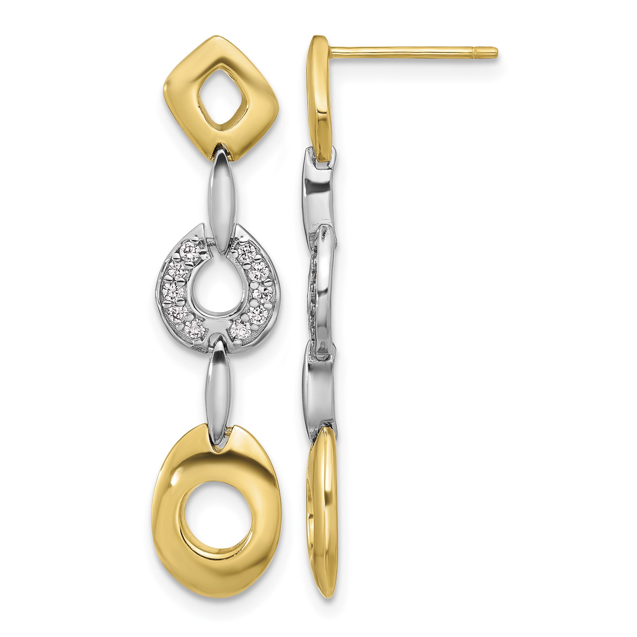 Sterling Silver Rhodium-plated Gold-tone Polished CZ Post Dangle Earrings (QE17036)