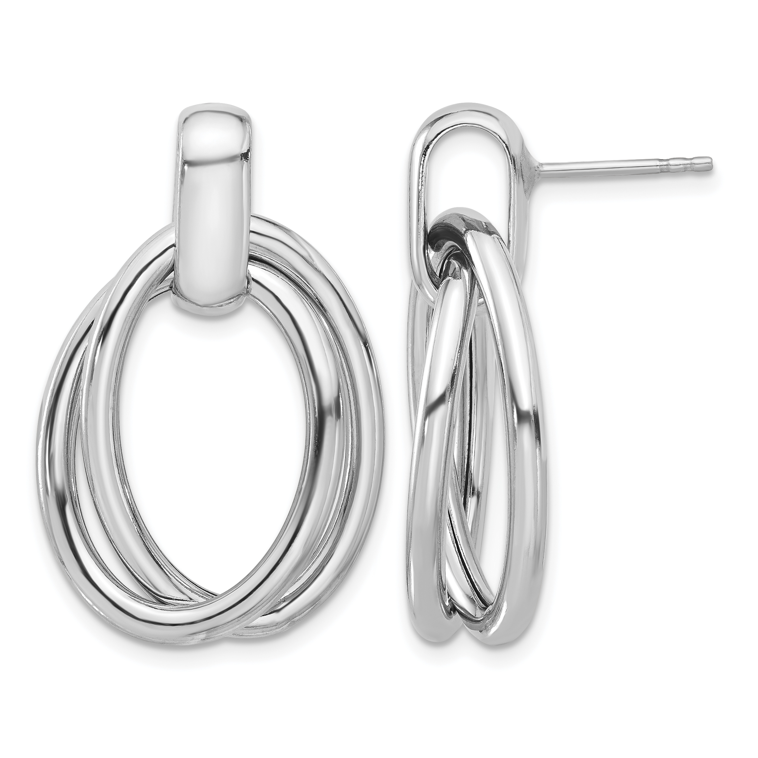 Sterling Silver Rhodium-plated Hollow Double Link Post Dangle Earrings (QE17041)