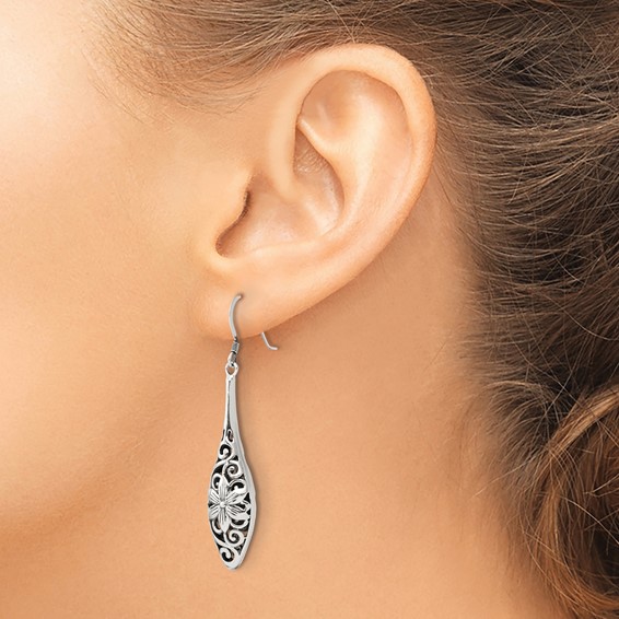 Sterling Silver Polished Antiqued Floral Teardrop Shepherd Hook Earrings