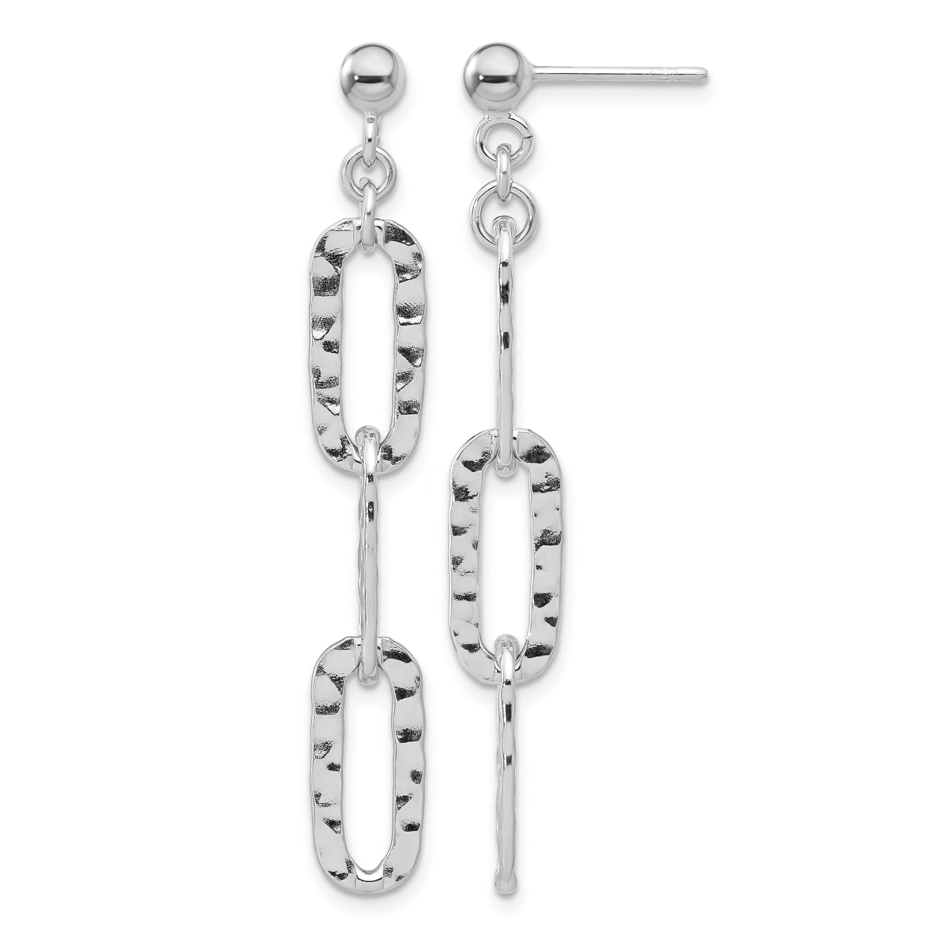 Sterling Silver RH-pltd Polished Hammered Chain Post Dangle Earrings (QE17069)