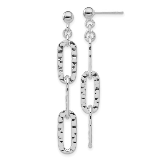 Sterling Silver RH-pltd Polished Hammered Chain Post Dangle Earrings