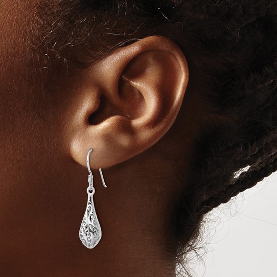 Sterling Silver Rhod-plated Polished Puffed Filigree Design Earrings