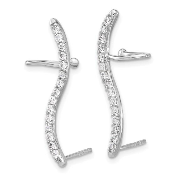 Sterling Silver Rhod-plated Polished Curved CZ Ear Cuff and Post Earrings