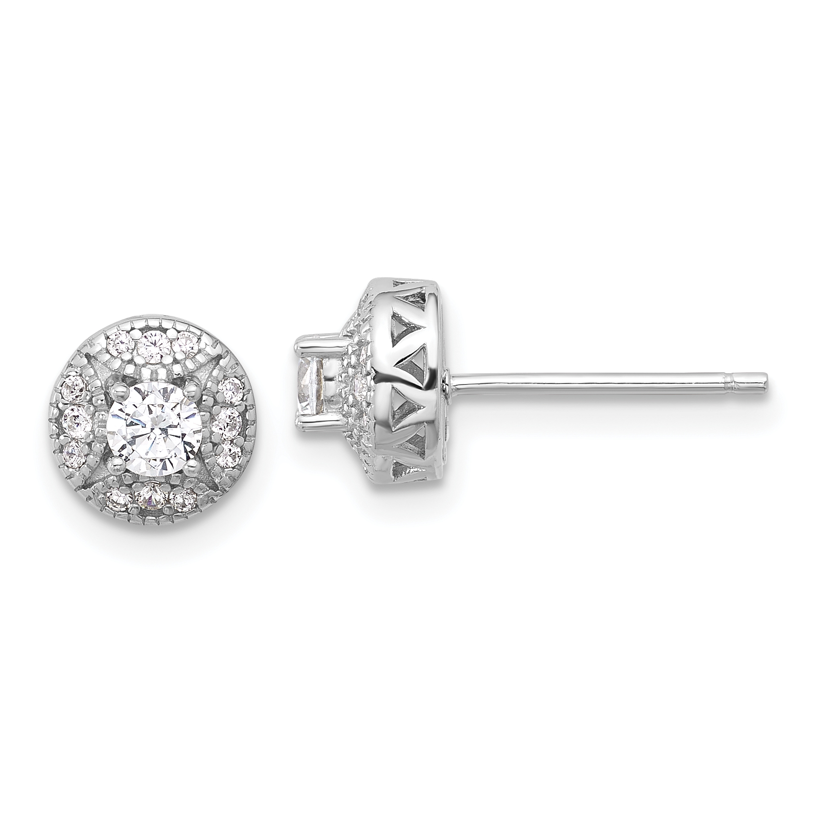 Sterling Silver Rhod-plated Textured Round CZ Cluster Post Earrings (QE17101)