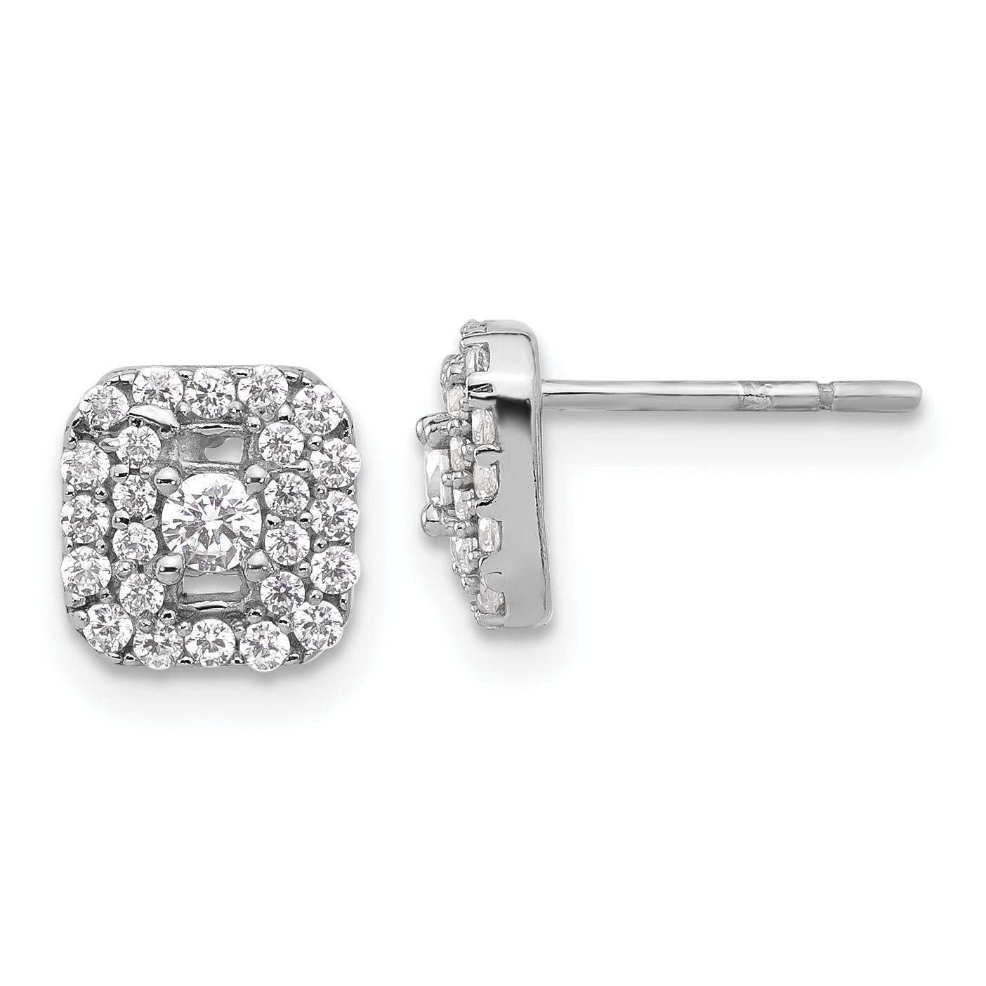 Sterling Silver Rhodium-plated Polished CZ Square Halo Post Earrings (QE17102)