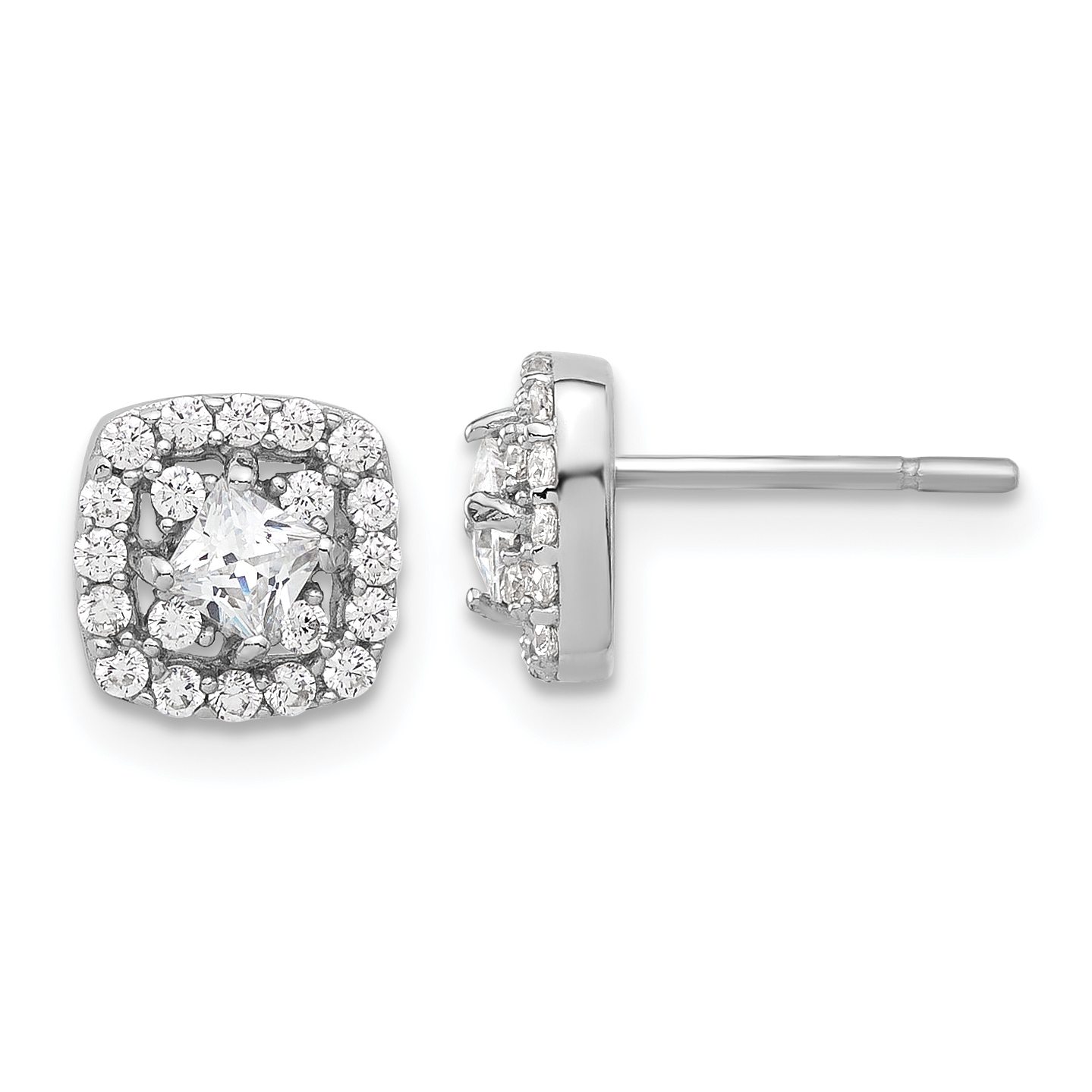 Sterling Silver Rhod-plated Polished CZ Square Center Halo Post Earrings (QE17103)