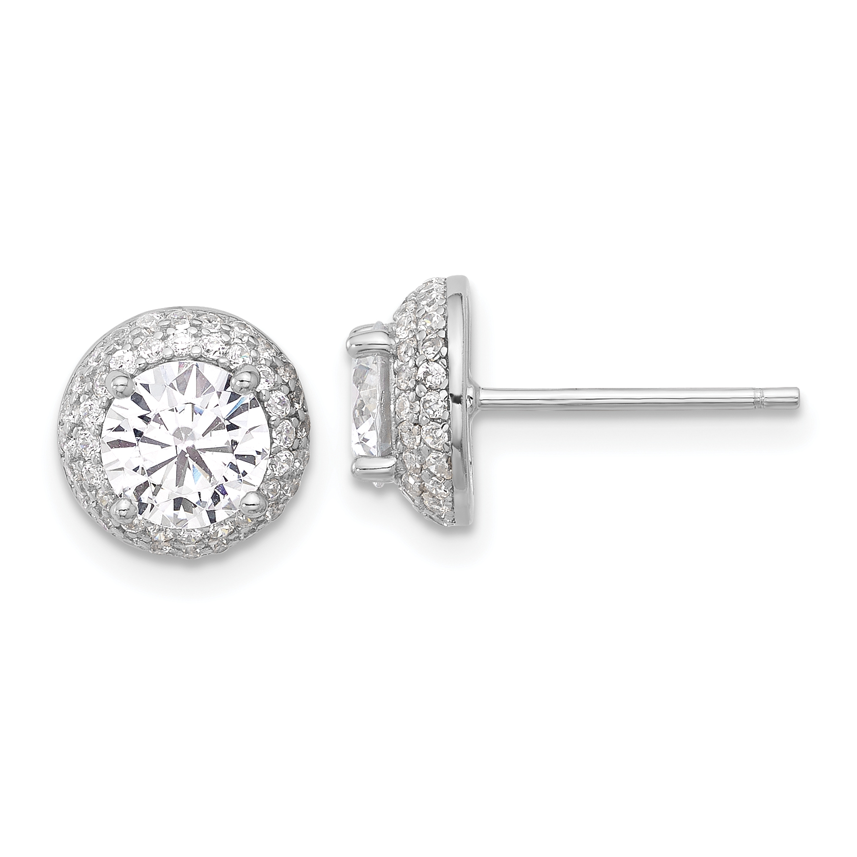 Sterling Silver Rhodium-plated 6mm CZ Double Halo Post Earrings (QE17104)