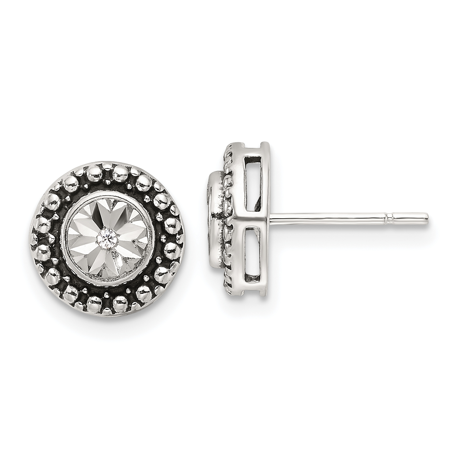 Sterling Silver Polished Antiqued and Diamond-cut CZ Post Earrings (QE17109)