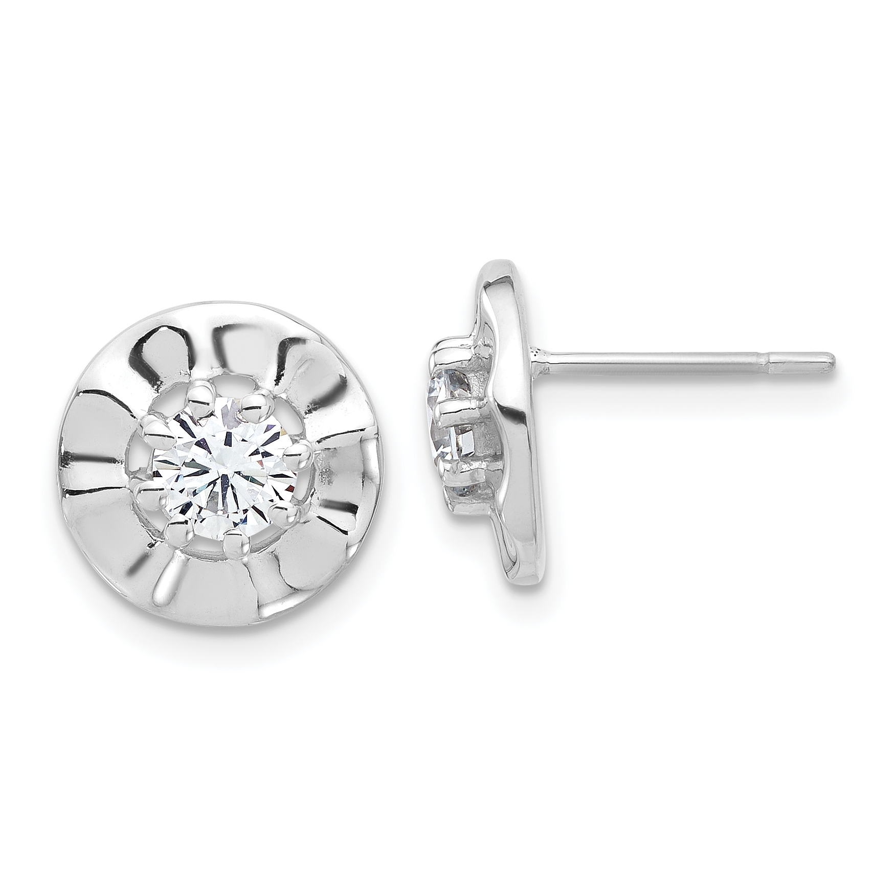 Sterling Silver Rhodium-plated Polished & Rippled Halo CZ Post Earrings (QE17125)
