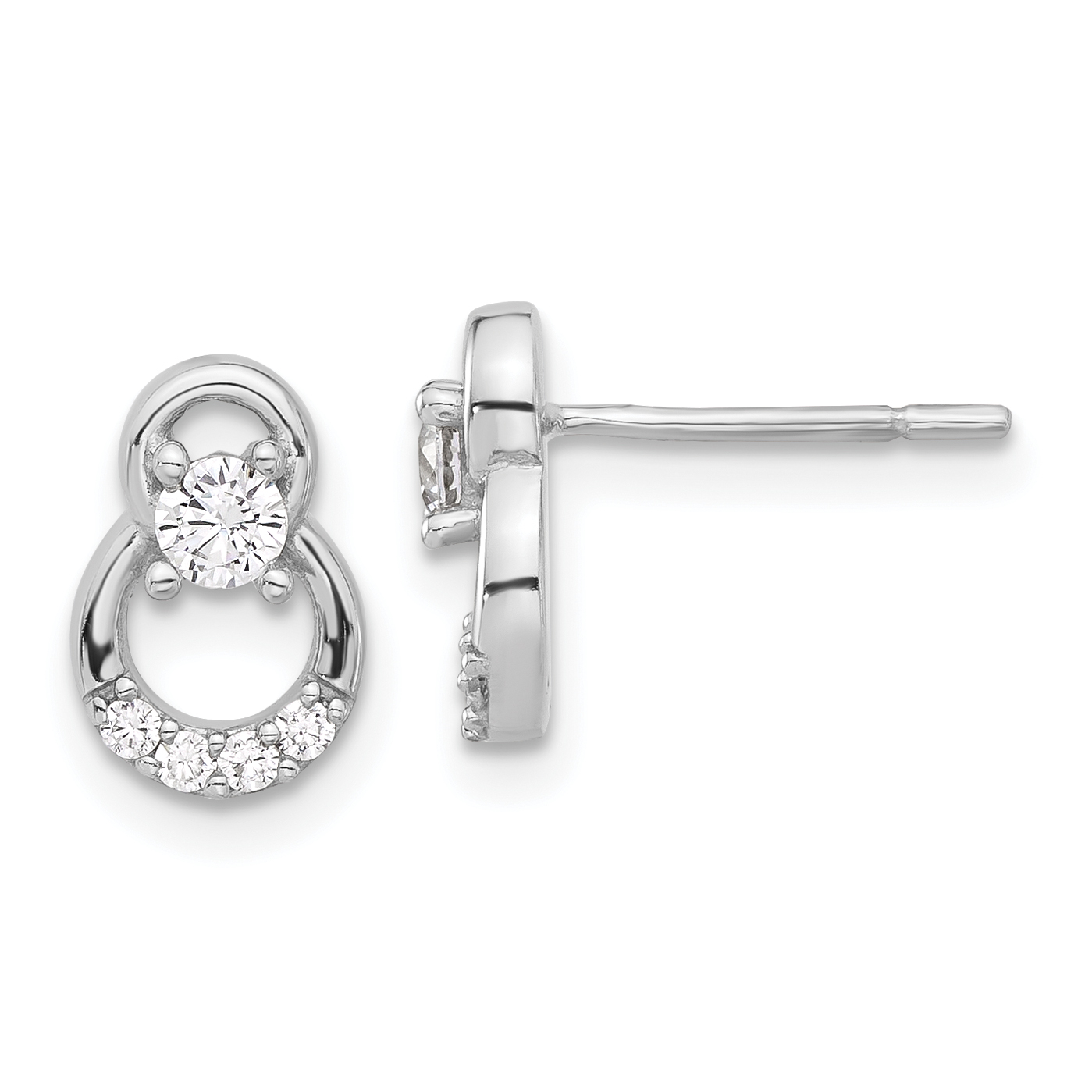 Sterling Silver Rhod-plated Polished Fancy CZ Double Circle Post Earrings (QE17126)