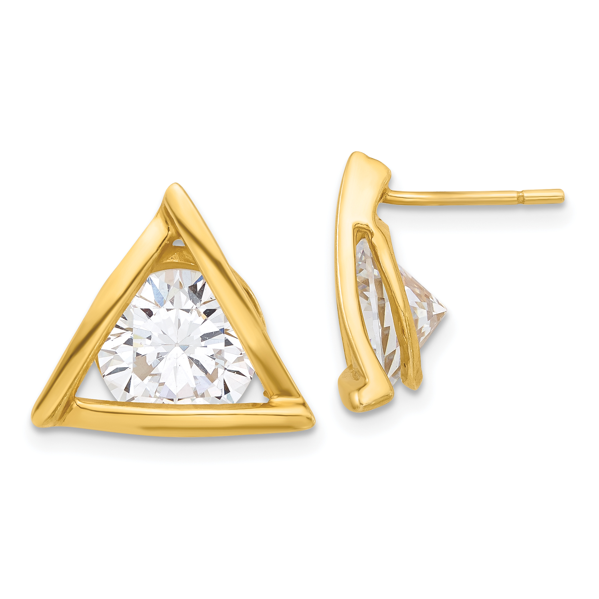 Sterling Silver Gold Tone Polished CZ Triangle Post Earrings (QE17129GP)