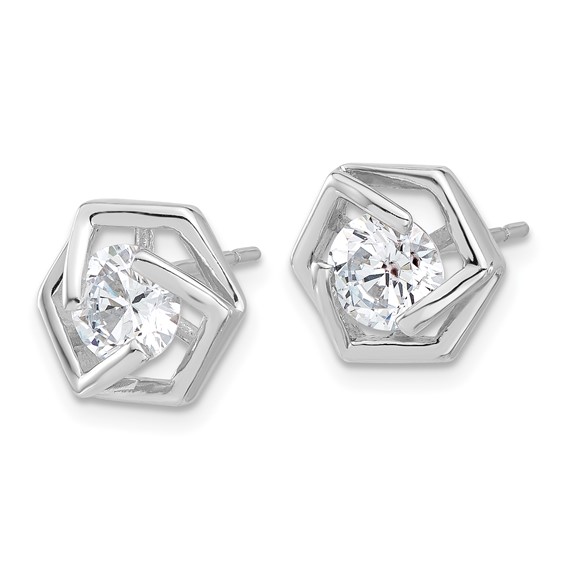 Sterling Silver Rhodium-plated Polished CZ Hexagon Post Earrings