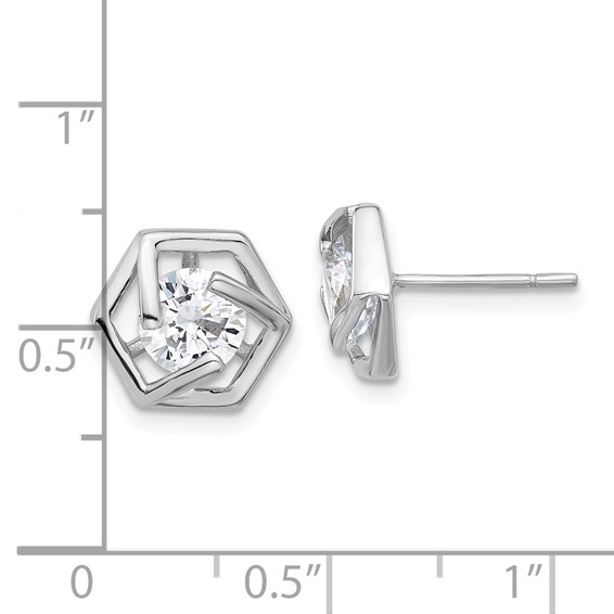 Sterling Silver Rhodium-plated Polished CZ Hexagon Post Earrings