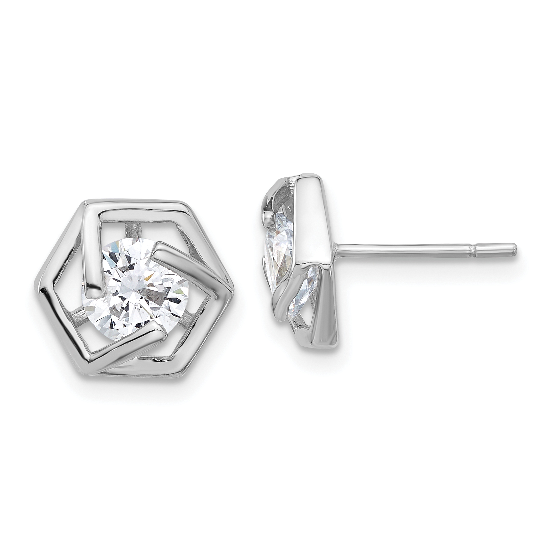 Sterling Silver Rhodium-plated Polished CZ Hexagon Post Earrings (QE17130)