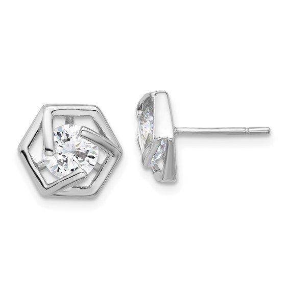 Sterling Silver Rhodium-plated Polished CZ Hexagon Post Earrings