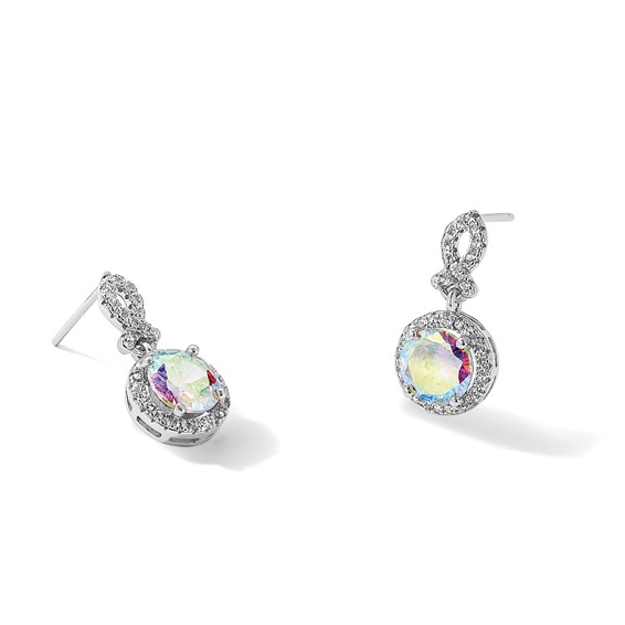 Sterling Silver Rhod-plated Iridescent & Clear CZ Post Dangle Earrings