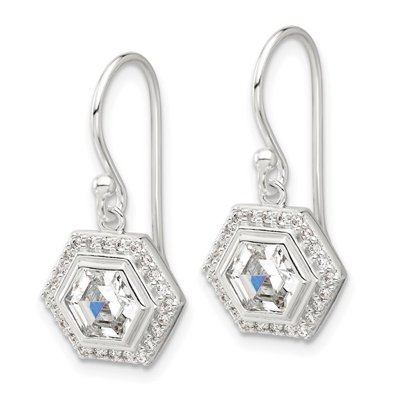 Sterling Silver E-coated Polished CZ Hexagon Dangle Earrings