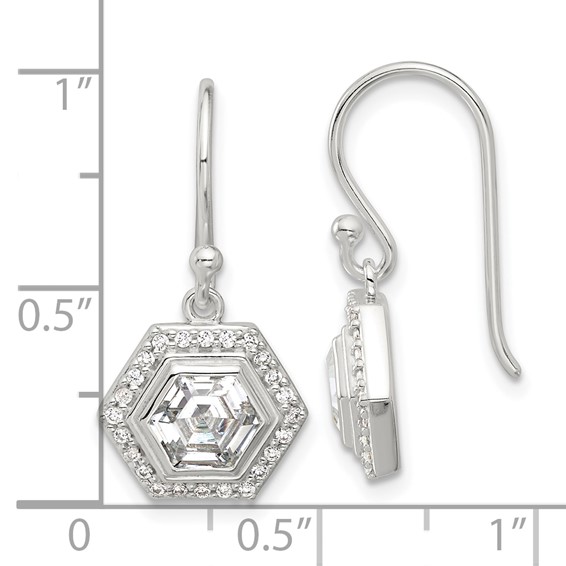 Sterling Silver E-coated Polished CZ Hexagon Dangle Earrings