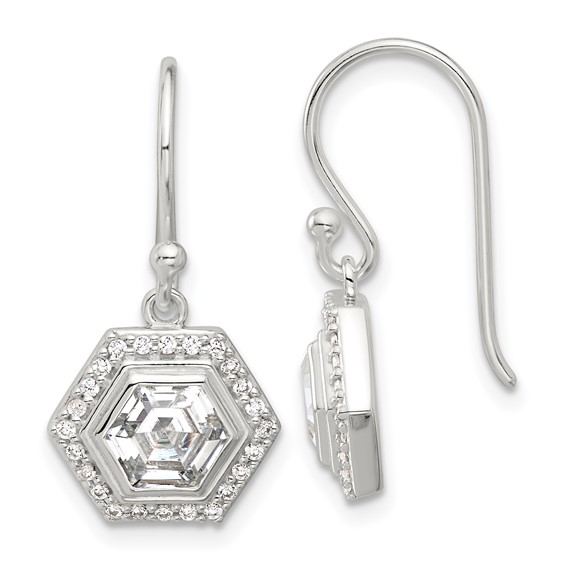 Sterling Silver E-coated Polished CZ Hexagon Dangle Earrings