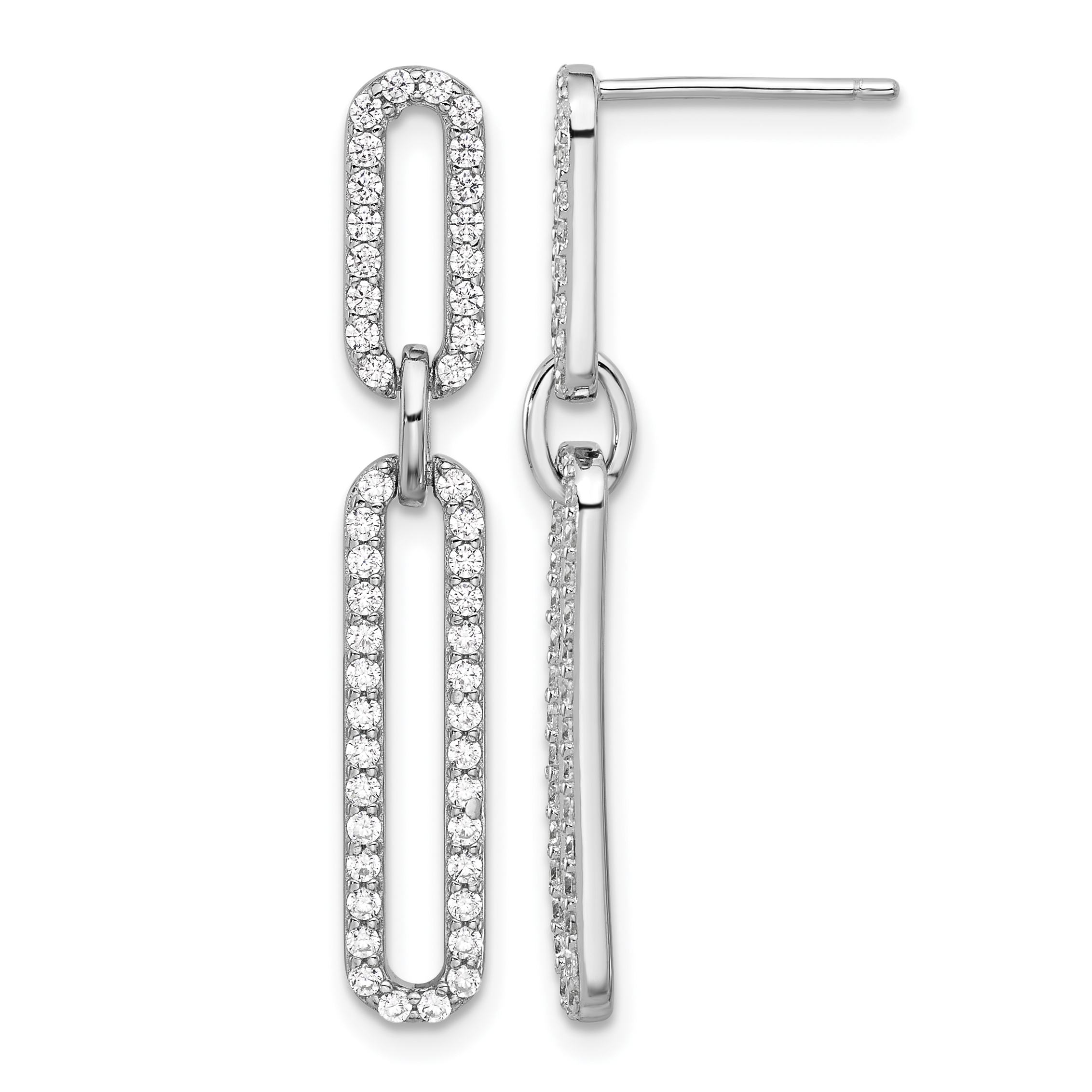Sterling Silver RH-plated Polished CZ Paperclip Post Dangle Earrings (QE17141)