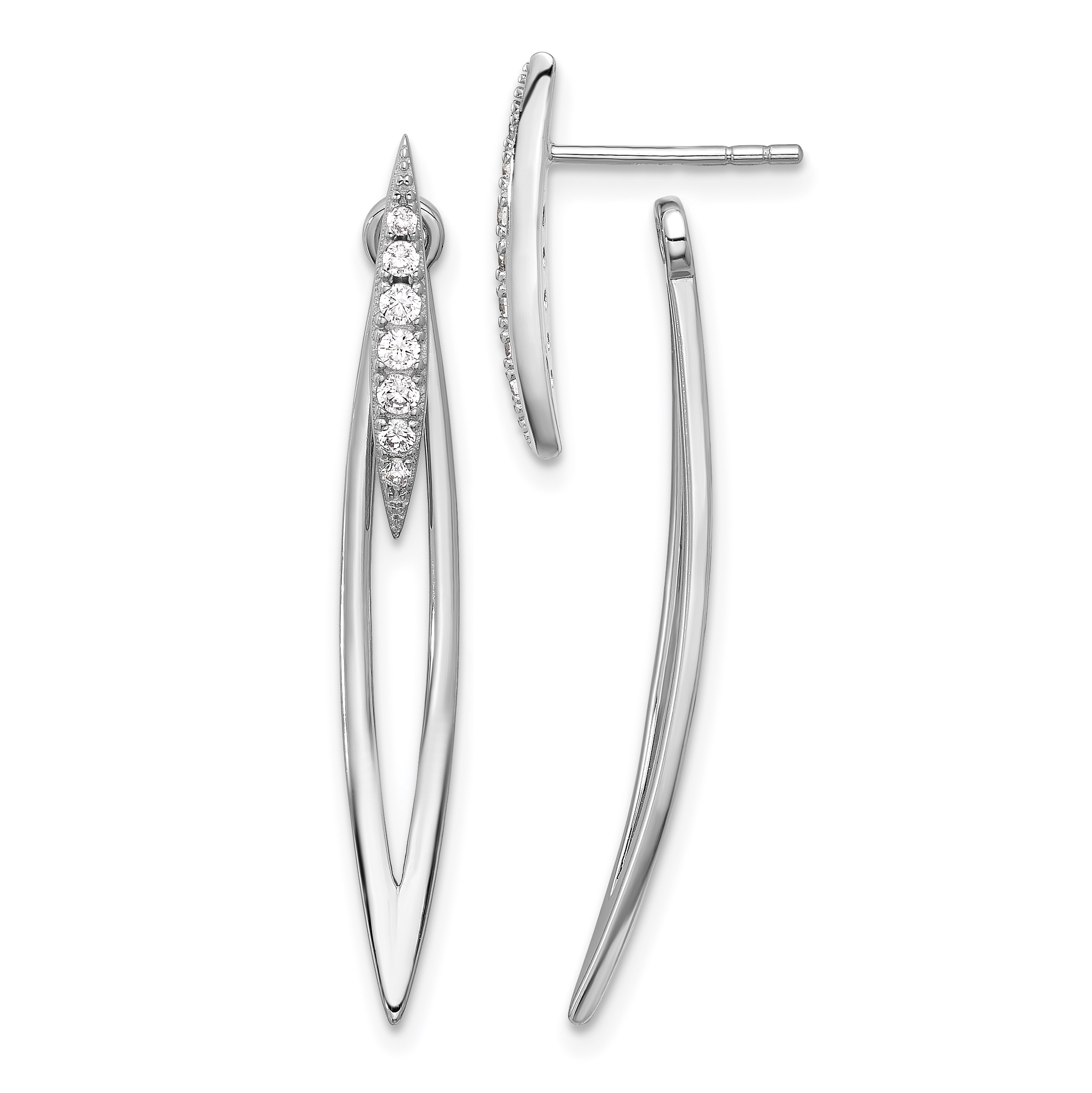 Sterling Silver RH-plated Curved Point CZ w/ Jacket Post Dangle Earrings (QE17143)