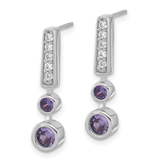 Sterling Silver RH-plated Purple & Clear CZ Post Dangle Earrings
