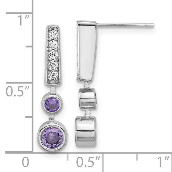 Sterling Silver RH-plated Purple & Clear CZ Post Dangle Earrings