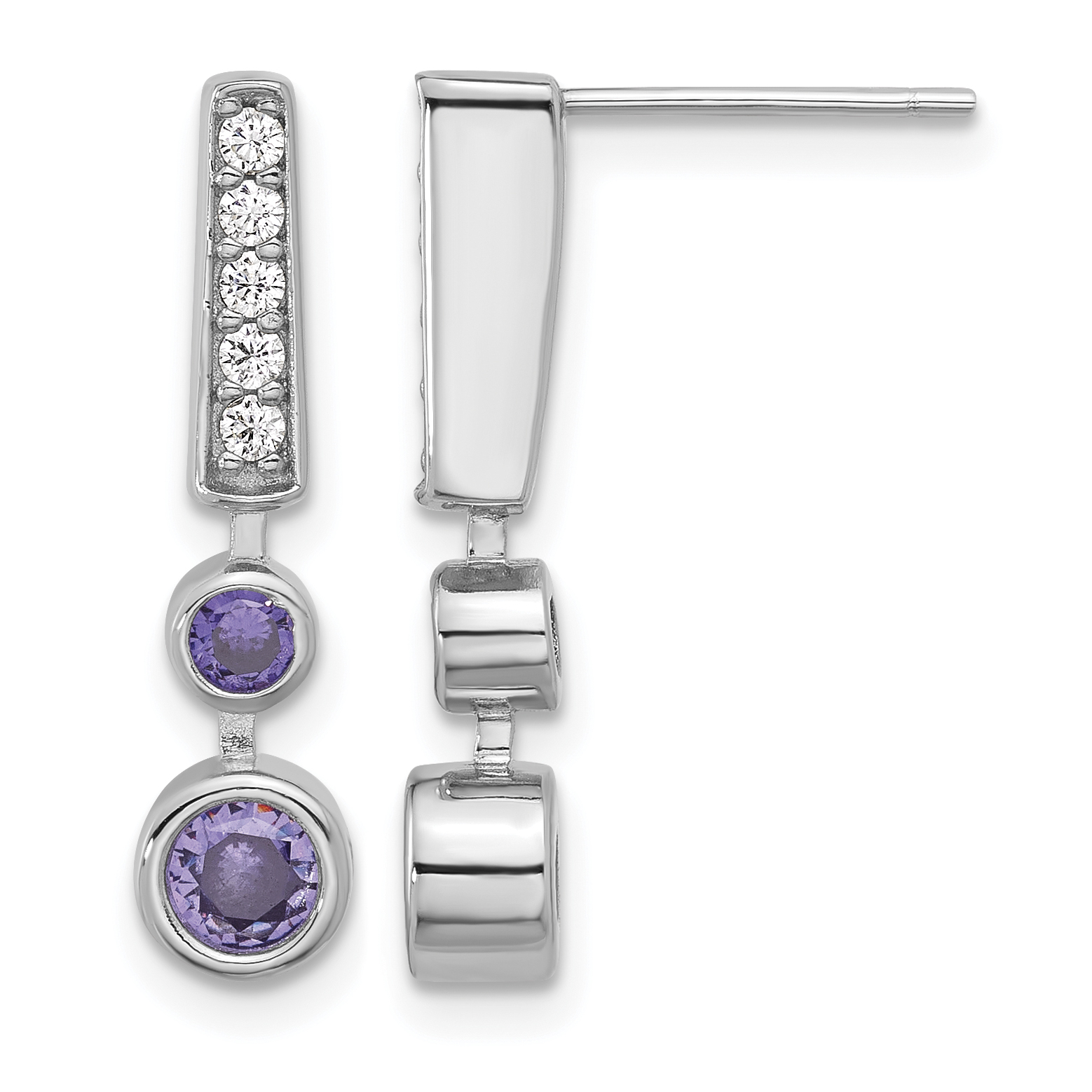 Sterling Silver RH-plated Purple & Clear CZ Post Dangle Earrings (QE17146)