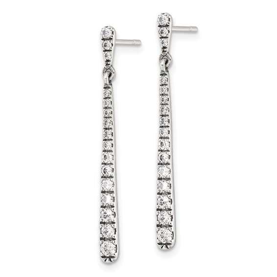 Sterling Silver Polished & Antiqued Graduated CZ Post Dangle Earrings
