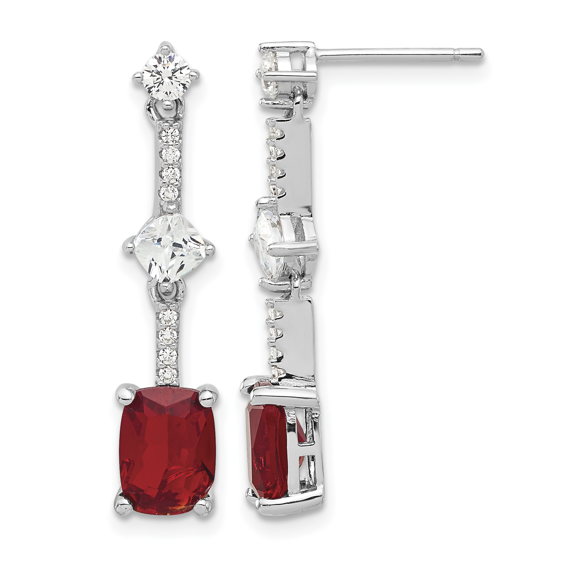 Sterling Silver Rhod-plated Fancy Red & White CZ Post Dangle Earrings (QE17154)