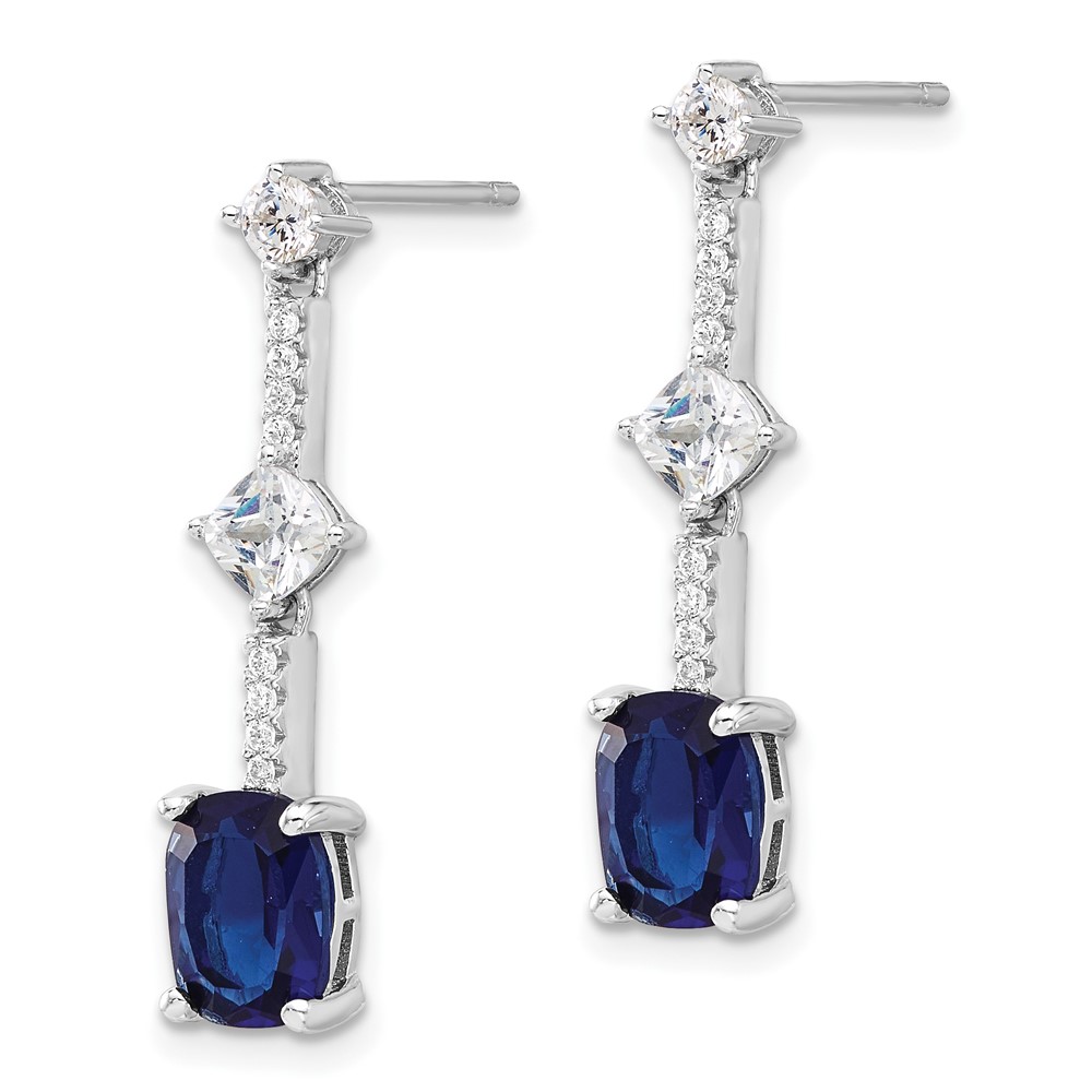Sterling Silver RH-plated Fancy Blue & White CZ Post Dangle Earrings (QE17155)