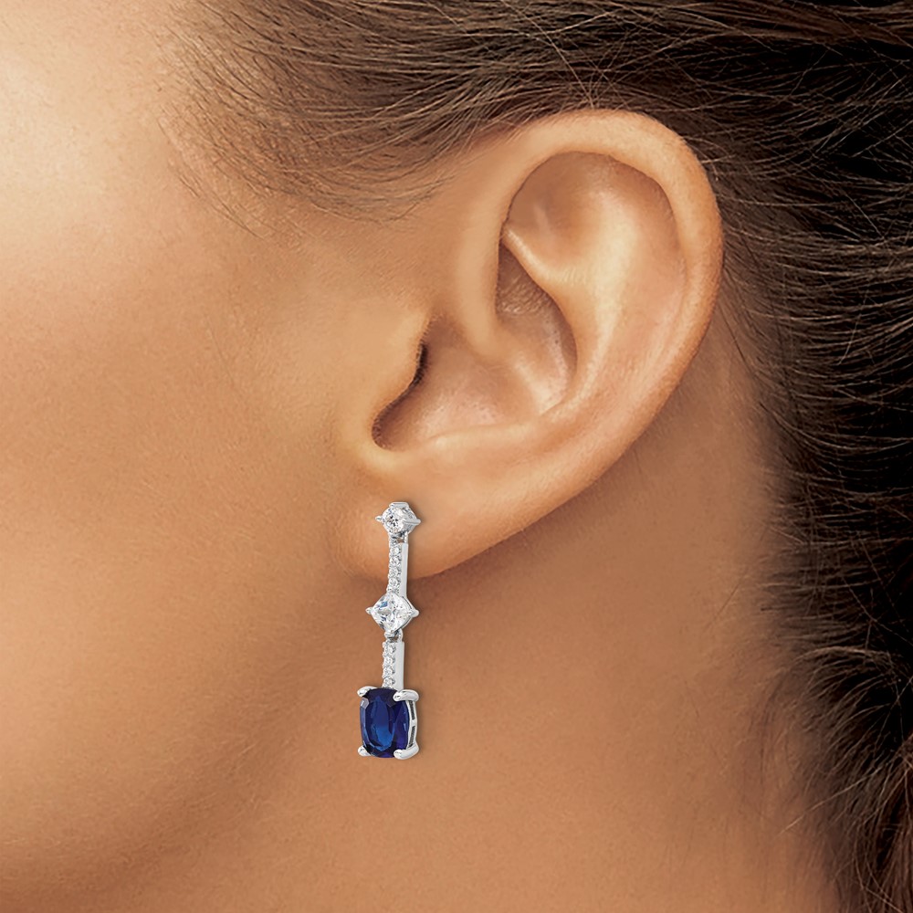 Sterling Silver RH-plated Fancy Blue & White CZ Post Dangle Earrings (QE17155)