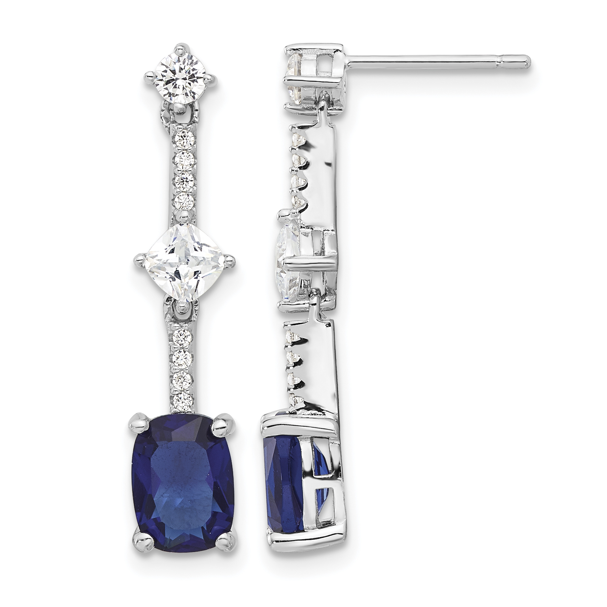 Sterling Silver RH-plated Fancy Blue & White CZ Post Dangle Earrings (QE17155)