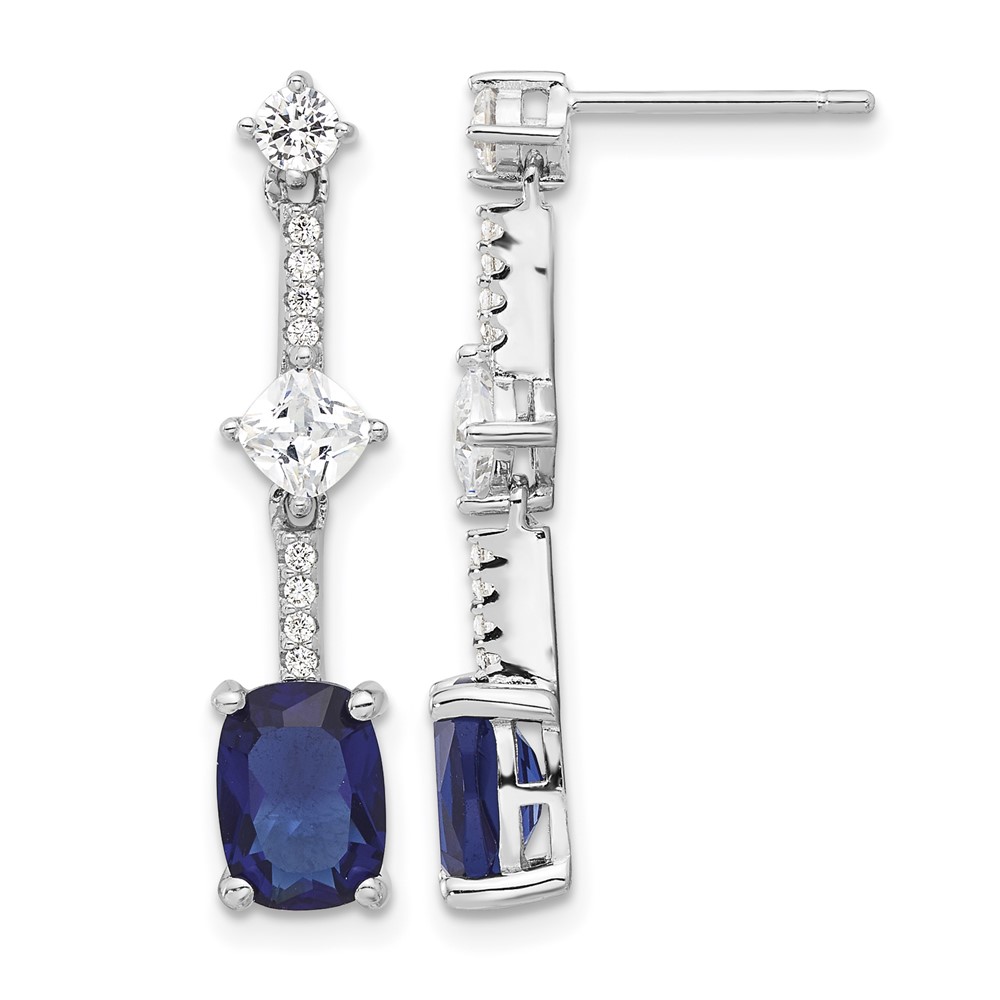 Sterling Silver RH-plated Fancy Blue & White CZ Post Dangle Earrings (QE17155)