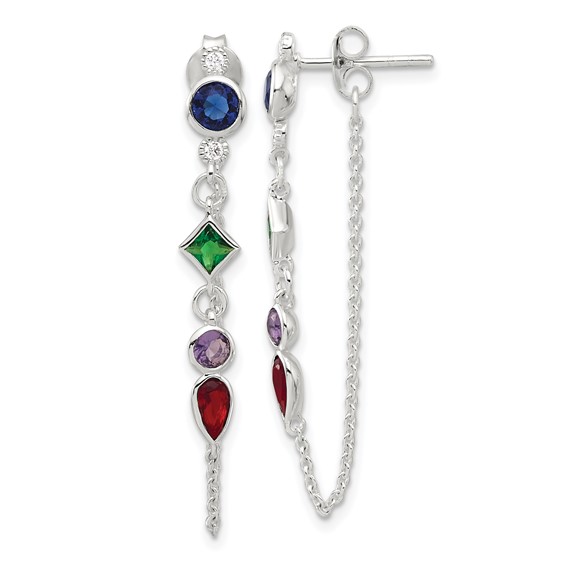 Sterling Silver E-coated Multicolor CZ Front/Back Post Dangle Earrings