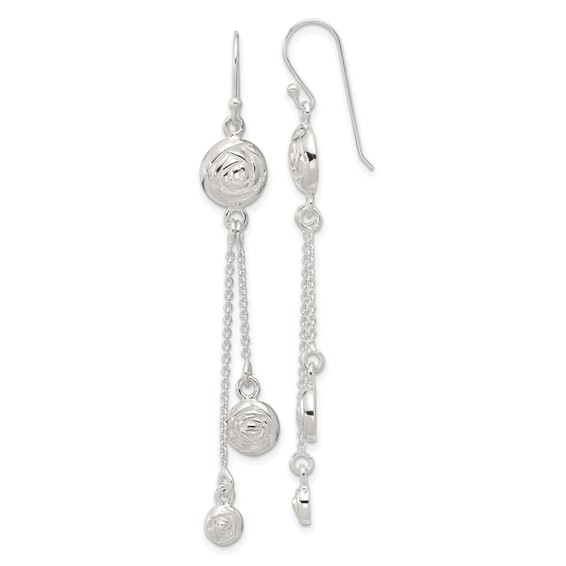 Sterling Silver Polished & Textured Multi-chain Rose Dangle Earrings